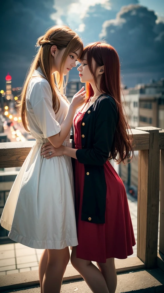 (Natural strawberry blonde and redhead girls with pretty faces), Cute pose, wearing a button dress, Atmospheric, Dark atmosphere, Edge lighting, Sayaka Yamamoto, Saito Asuka, Mao Akiyama&#39;s facial features, 8K, Full 体 portrait, Elegant outfit, Natural light, Spooky greenhouse at night, (Ultra-detailed eyes and face:1.3, Professional photography techniques), (Beautiful small face, beautiful girl, high school student, Idol Face, Baby Face:1.4), smile, Happy, K UHD, Beautiful and soft skin, Vibrant Skin, blush, (Chirarizum:1.3, Unbutton the dress:1.5), ((Beautiful breasts:1.3, Cleavage)), (Small beautiful butt), (Detailed hands:1.2, The optimal ratio is four fingers to one thumb), Perfect proportions, (Perfect Anatomy:1.3), (Highest quality, Masterpiece, Highest quality, Ultra high definition, Photorealism:1.4), ((Kiss on the lips)), (Beautiful hair blowing in the wind:1.4)