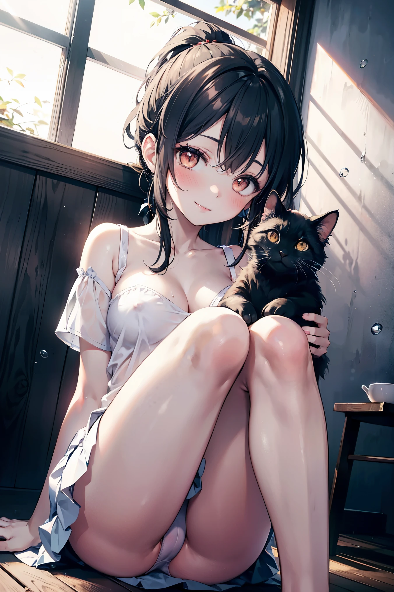 Realistically, 1 Girl, ponytail, Brown eyes, Glowing Eyes, White short skirt, blush, Daytime, Raindrops, See through, Knee hug, Strapless shirt, Nipples, Small breasts, Sit with your knees raised., Underarm, Cleavage, Micro Panties, hot spring, 18-year-old, Cat Revealed, share, Take off, Big smile