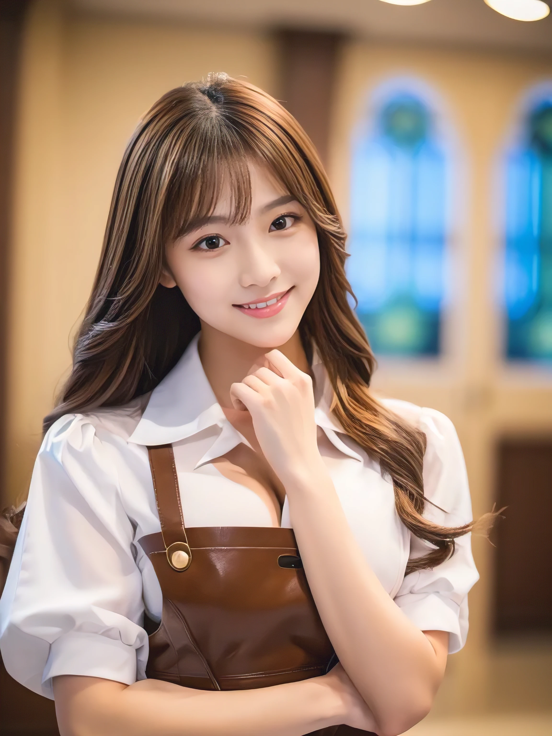 ((Highest quality, 8K, masterpiece: 1.3)), 1 Girl, smile, whole body, Slim face, Beautiful woman, ((Extra long brown hair:1.2))、wearing maid outfit、High heels, Highly detailed face, Fine grain, double eyelid, Blurred Background, Slim face, full figure supermodel standing, entire body in frame、At the cosplay event venue、With an envelope of documents tucked under his arm、Larger breasts、Place your left hand gently on your chin,right hand holding her breast