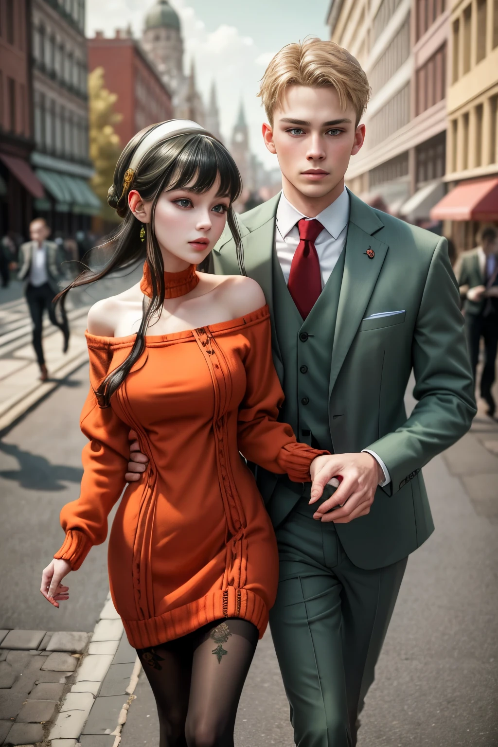 (masterpiece, best quality:1.2), high resolution, intricate details, extremely detailed, realistic and sharp details, (full body), hetero, couple, (1girl, hairband, off shoulder red sweater minidress, pantyhose), (1boy wearing light green business suit), (couple walking with hand in hand), detailed face, detailed eyes, pale skin, photo background, outdoors,