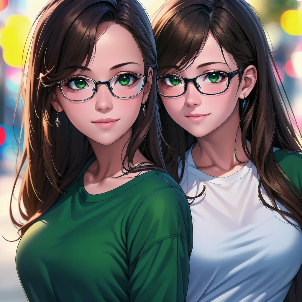 young couple(, 2 woman with long brown hair) same color green eyes ,1girl wearing eyeglasses, fashion,clear,enhanced details,T-shirt,jeans,smiling,street,sunshine,(best quality,4k,8k,highres,masterpiece:1.2),ultra-detailed,(realistic,photorealistic,photo-realistic:1.37),HDR,UHD,studio lighting,ultra-fine painting,sharp focus,physically-based rendering,extreme detail description,professional,vivid colors,bokeh,portraits