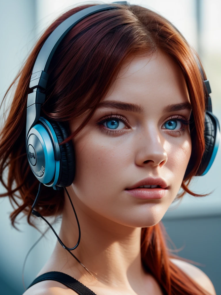 foreground, perfect face of a brunette woman with red hair, perfect face with one light blue eye and the other hazel full lips bright red match wears black headphones, The camera should only focus on his face and his innocent look., on a dark gradient background, high quality image cinematic scene