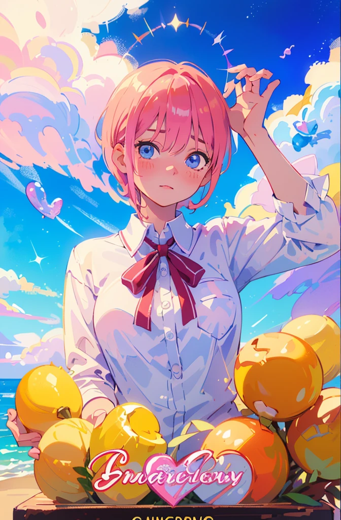Cute as a dream、a pale, (masterpiece、top-quality、top-quality、watercolor paiting(Curly)、Take a cute cat、Official art、Beautifully Aesthetic:1.2)、(a beauty girl:1.atterns、Soap bubbles、Rainbow behind、clouds、colourfull、Hair spreads throughout、kawaii、pastels、Large ribbon、Lovely room、Wallpapers, poster, fruit, (several fresh cherries), moist, summer, blue sky, white clouds, HD Detail, Moist Watermark, Ultra Detail, Movie, Hyper Realism, Soft Light, Deep Focus Bokeh, Ray Tracing, --niji 5. crystal, fantasy, galaxy, transparent, shimmering, sparkling, splendid, colorful, magical photography, dramatic lighting, Ichika Nakano, short pink hair, blue eyes, nakano_ichika, collared white shirt slightly umbuttoned, Heart, iridescent, cute, crystal, love, blushing, sweet expression, blue sky, iridescent clouds, pastels, dark starry sky, neat lineart, cute, tender, lovely, cozy, sweet