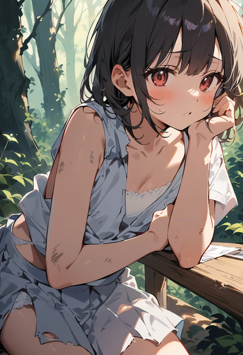 beautiful detailed girl,(masterpiece,best quality,extremely detailed:1.2),((cowboy shot:1.1)),(solo,,kawaii,slender,small breasts:1.25),(pained look:0.8),((white underwear) in ((Torn school uniform)):2),(dirty:2),blush,shy,weep,standing,(deep forest:1.5),(hug:0.4),rating: general, newest,Sexy face