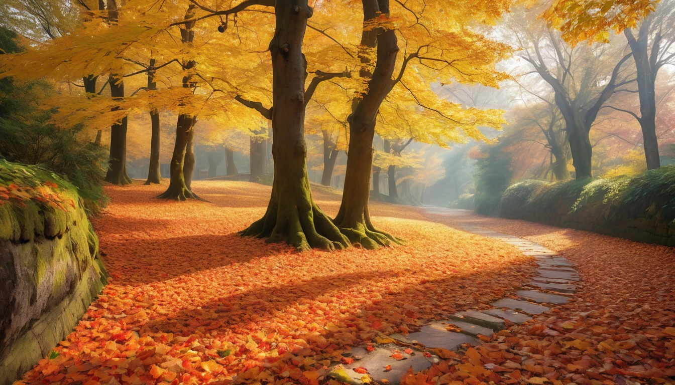 (Highest quality, High resolution), Vibrant colors,Low - Angle,
(古びたwood製のベンチ:1.3),Fascinating and enchanting autumn scenery. Warm earth tones, Soft and natural lighting.Autumn leaves background, Vibrant colorsの葉, The golden leaves gently fall, wood々Warm sunlight shining in from between, Peaceful and calm atmosphere, Soft rays of light illuminating the scene, The sound of rustling leaves, Fresh, cool air, Textured bark, A carpet of fallen leaves on the ground, Quiet and picturesque setting, Natural beauty in full bloom,