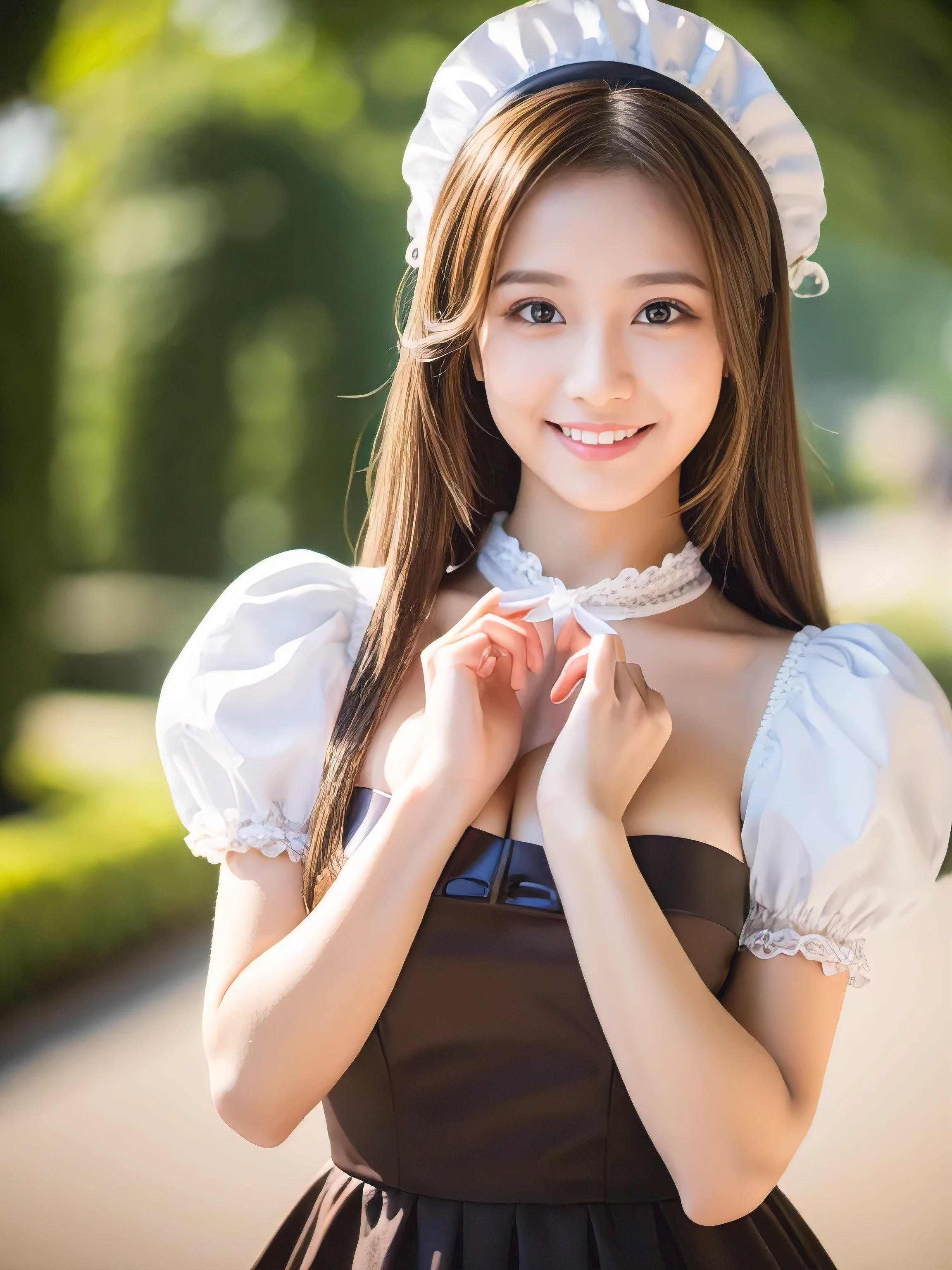 ((Highest quality, 8K, masterpiece: 1.3)), 1 Girl, smile, whole body, Slim face, Beautiful woman, ((Extra long brown hair:1.2))、wearing so pretty maid outfit、High heels, Highly detailed face, Fine grain, double eyelid, Blurred Background, Slim face, full figure supermodel standing, entire body in frame、At the cosplay event venue、Larger breasts、Place your left hand gently on your chin，right hand holding her breast
