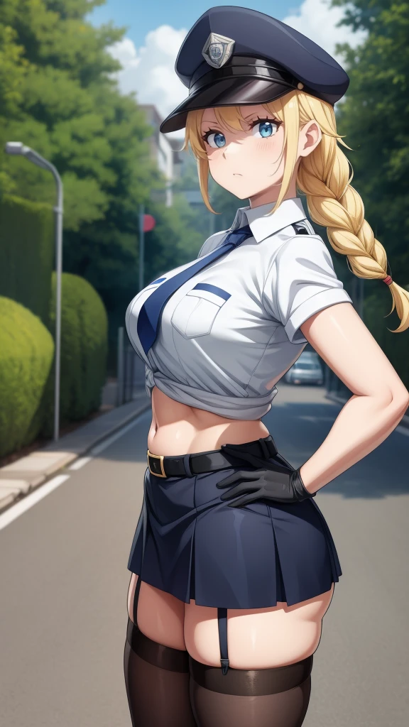 a cartoon character in a sexy outfit posing in the street with a bush, police, police uniform, 1girl, policewoman, shirt, skirt, hat, necktie, police hat, blue eyes, gloves, breasts, blonde hair, thighhighs, solo, navel, garter straps, looking at viewer, short sleeves, large breasts, underwear, miniskirt, midriff, ass visible through thighs, panties, outdoors, skindentation, braid, hand on hip, belt, black skirt, uniform, collared shirt, frown, thighs, peaked cap, crop top, black panties, blue shirt, breast pocket, v-shaped eyebrows,Eiko Tsukimi, blue eyes, braid, twin braid,blonde hair,baseball cap