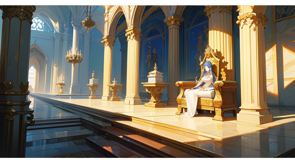 A detailed royal crown adorned with exquisite ornaments, situated in a vast and opulent throne room with towering marble pillars and wall paintings depicting the kingdom's history --v 5 --ar 16:9 --style raw
