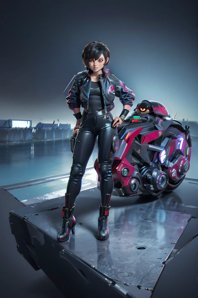 (masterpiece, best quality), female character sitting on a stationary motorcycle, cyberpunk style, leather jacket, Baggypants, short hair with vibrant highlights, confident expression, detailed futuristic motorcycle, neon accents, sleek design, high-tech elements.,