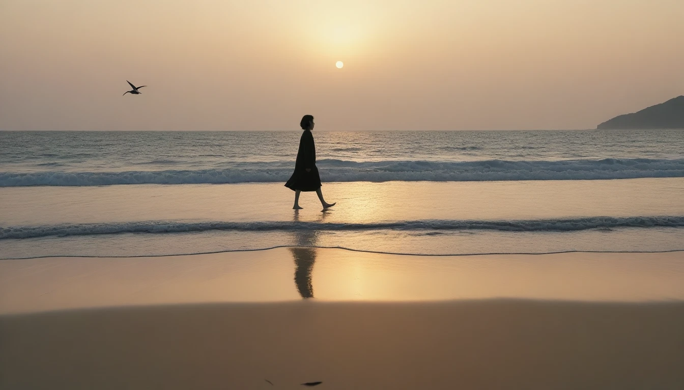 8K, Vivid picture quality, long deserted beach, A woman with short hair walking from afar, sunset, alone, afternoon, depressed, birds가 밀려온다, ocean, birds, wind, short korean girl, 잔잔한 birds, bare foot