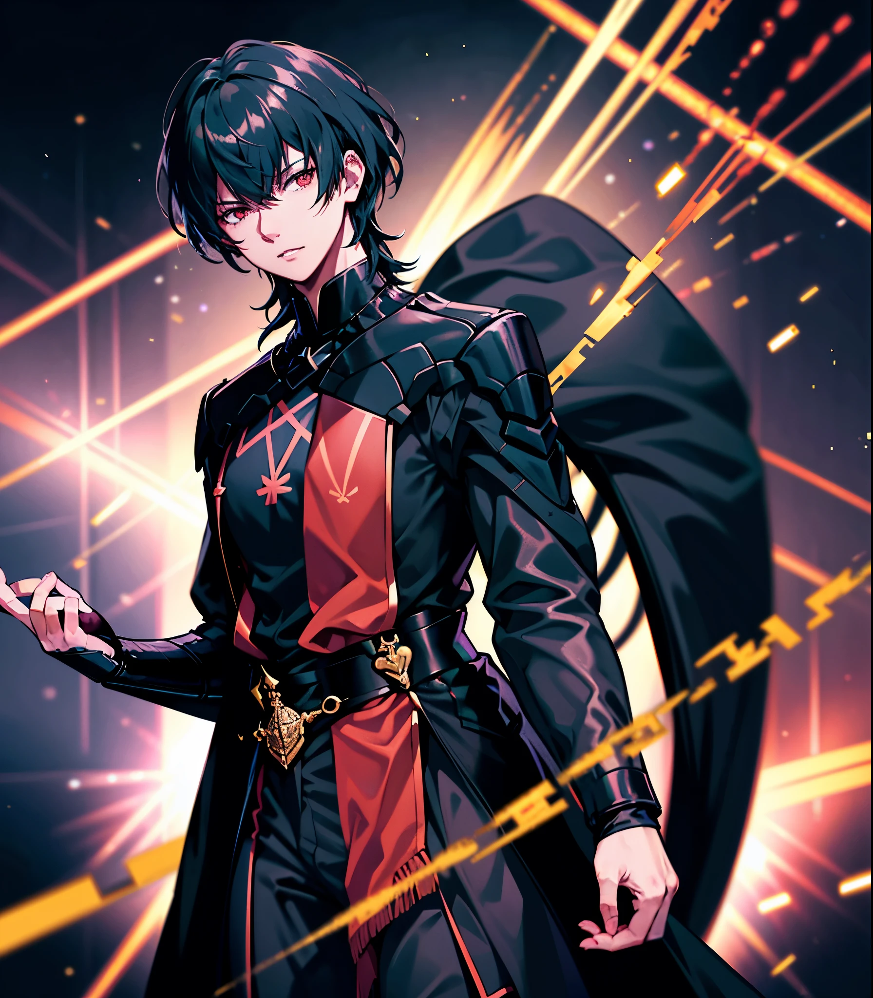 1 person, good looking, expensive, Dark brown skin, Black Hair, Red eyes, Science fiction, Wearing a black military uniform, Completely isolated on a pitch black background, High resolution, Super sharp, 8K, masterpiece, View your viewers, High resolution, Sharp focus, Absurd, Bokeh,Byleth
