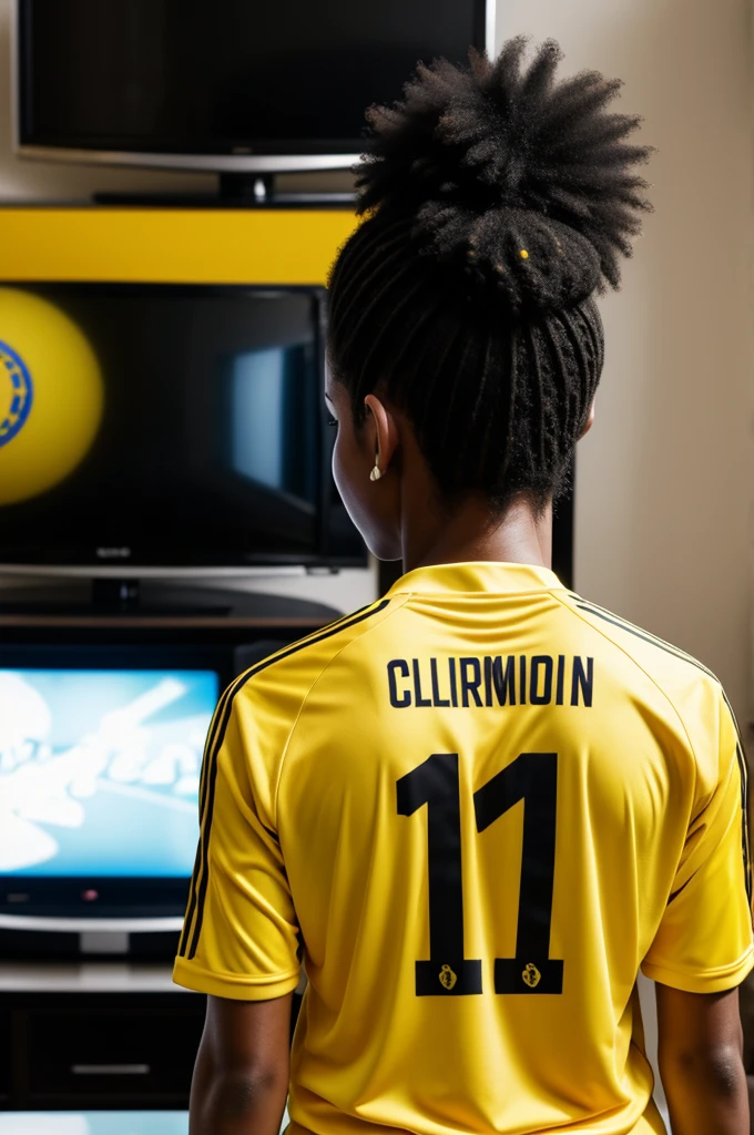 Black woman from behind watching TV with the yellow Colombian national team shirt number 10, black afro hair color