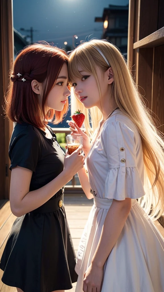 (Natural strawberry blonde and redhead girls with pretty faces), Cute pose, wearing a button dress, Atmospheric, Dark atmosphere, Edge lighting, Sayaka Yamamoto, Saito Asuka, Mao Akiyama's facial features, 8K, Full 体 portrait, Elegant outfit, Natural light, Spooky greenhouse at night, Sharp focus, (Highly detailed eyes and face:1.1, Professional photography techniques), (Beautiful small face, beautiful girl, high , Idol Face, Baby Face:1.4)Happy, K UHD, Hmph, Beautiful and soft skin, Vibrant Skin, blush, (Chirarizum:1.3, Unbutton the dress:1.5), ((Beautiful breasts:1.2, Cleavage)), (Small beautiful butt), (Detailed hands:1.1, The optimal ratio is four fingers to one thumb), Perfect proportions, (Perfect Anatomy:1.3), (Highest quality, Masterpiece, Highest quality, Ultra high definition, Photorealism:1.4), ((Touching each other's breasts:1.4))