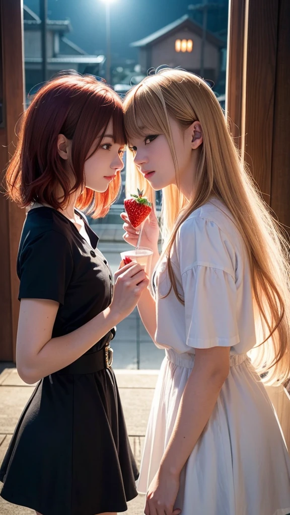 (Natural strawberry blonde and redhead girls with pretty faces), Cute pose, wearing a button dress, Atmospheric, Dark atmosphere, Edge lighting, Sayaka Yamamoto, Saito Asuka, Mao Akiyama's facial features, 8K, Full 体 portrait, Elegant outfit, Natural light, Spooky greenhouse at night, Sharp focus, (Highly detailed eyes and face:1.1, Professional photography techniques), (Beautiful small face, beautiful girl, high school student, Idol Face, Baby Face:1.4), smile, Happy, K UHD, Hmph, Beautiful and soft skin, Vibrant Skin, blush, (Chirarizum:1.3, Unbutton the dress:1.5), ((Beautiful breasts:1.2, Cleavage)), (Small beautiful butt), (Detailed hands:1.1, The optimal ratio is four fingers to one thumb), Perfect proportions, (Perfect Anatomy:1.3), (Highest quality, Masterpiece, Highest quality, Ultra high definition, Photorealism:1.4), ((Touching each other's breasts:1.4))