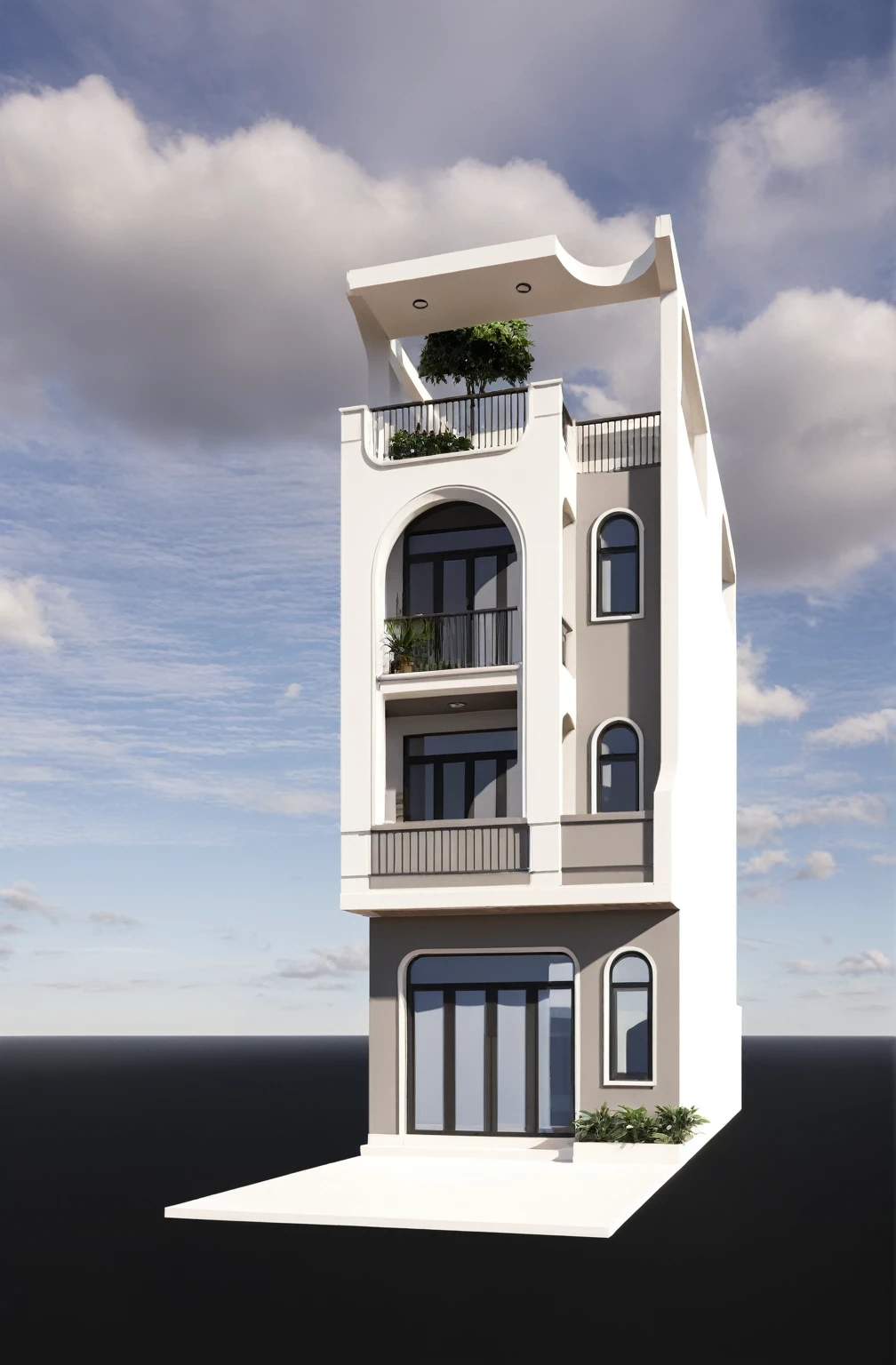 A modern townhouse with a minimalist design, featuring three main floors and a rooftop terrace. The facade is predominantly white with grey accents, large glass windows, and balconies. There are plants and flowers adorning the balconies and the rooftop terrace. The entrance has a metallic rolling door. The scene is set in an urban area with similar styled buildings around