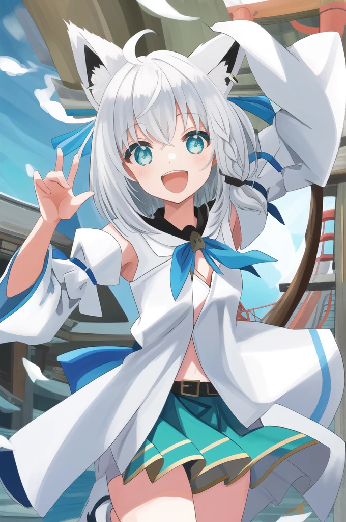Hololive、Shirakami Fubuki、fubuki、masterpiece、high quality、最high quality、anime、Detailed eyes、Detailed face、shrine、torii、Medium Hair、Green Eyes、White shirt、Shorts、Shorts、黒いShorts、Neck ribbon、Wide sleeves、short boots、Open your mouth、happiness、smile、