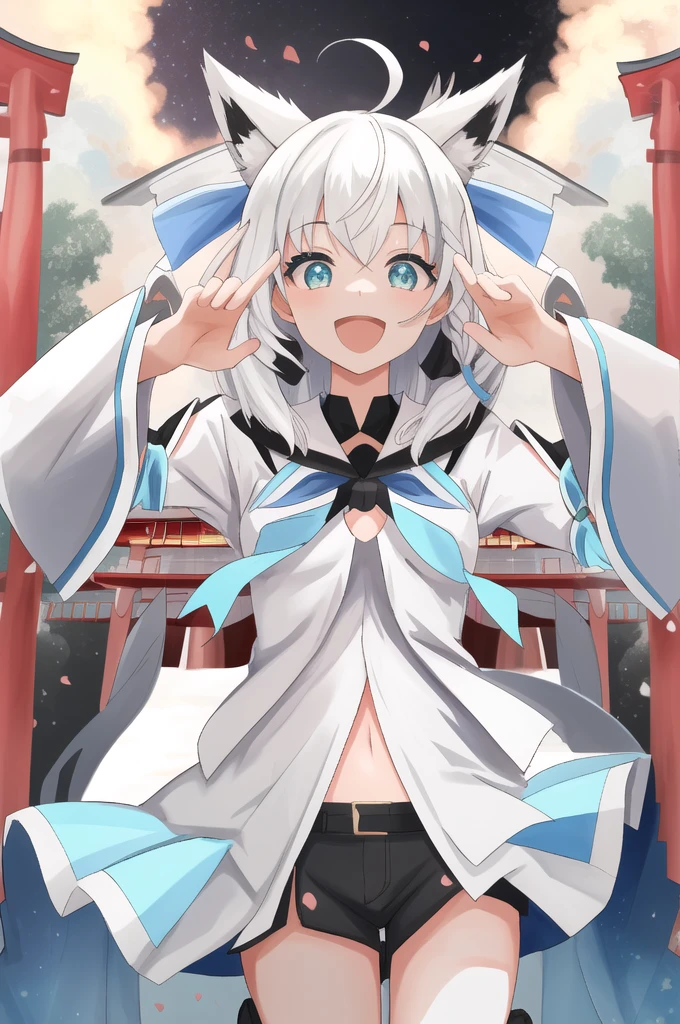 Hololive、Shirakami Fubuki、fubuki、masterpiece、high quality、最high quality、anime、Detailed eyes、Detailed face、shrine、torii、Medium Hair、Green Eyes、White shirt、Shorts、Shorts、黒いShorts、Neck ribbon、Wide sleeves、short boots、Open your mouth、happiness、smile、