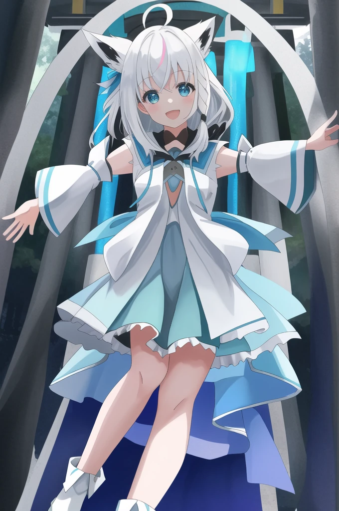 Hololive、Shirakami Fubuki、fubuki、masterpiece、high quality、最high quality、anime、Detailed eyes、Detailed face、shrine、torii、Medium Hair、Green Eyes、White shirt、Shorts、Shorts、黒いShorts、Neck ribbon、Wide sleeves、short boots、Open your mouth、happiness、smile、
