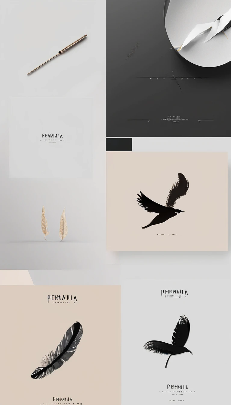 A minimal, modern, simple, cinematic logo design for the brand “Penamemoria". Create a modern, minimalistic, high-quality, logo of a boy-feather