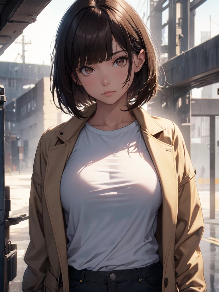 T-Shirts, coat, , (Realistic:1.4), (Highest quality:1.0), (Ultra-high resolution:1.0), 8K, RAW Photos, (masterpiece:0.2), , Did G, One girl, Detailed skin, View your viewers, Brown eyes, (Short hair with bangs:1.2), (Large Breasts:1.0), (Large areola:0.8), , (Purelos Face_v1:0.5), Precise fingers