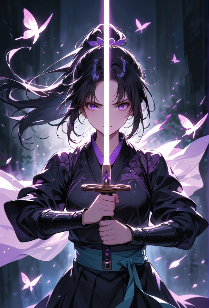 dark atmosphere，dark background，female swordsman in the dark，black hair,ponytail,glowing purple sword，lightsaber,delicate face，Sword in both hands，night，dark，fear，sword focus，Glowing purple butterflies flying in the air