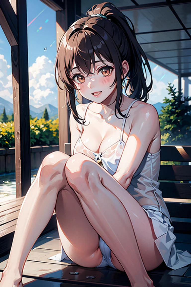 Realistically, 1 Girl, ponytail, Brown eyes, Glowing Eyes, White short skirt, blush, Daytime, Raindrops, See through, Knee hug, Strapless shirt, Nipples, Small breasts, Sit with your knees raised., Underarm, Cleavage, Micro Panties, hot spring, 18-year-old, Cat Revealed, share, Take off, Big smile