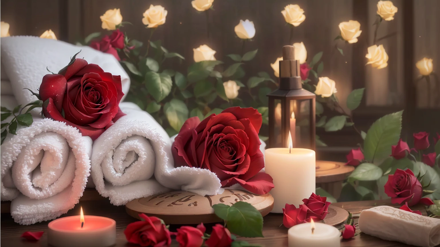 towel, Candles, There are roses on the table, Romantic atmosphere, Romantic Themed, Beautiful atmosphere, Romantic atmosphere, Beautiful atmosphere, Peaceful atmosphere, Romantic atmosphere, Night atmosphere, Dreamy and romantic, Unreal Engine ; Romantic Theme, Relaxed atmosphere, Sublime and cozy atmosphere, relaxed mood, Product Photos 4K, Paradise Garden Massage, Beautifully illuminated、８K