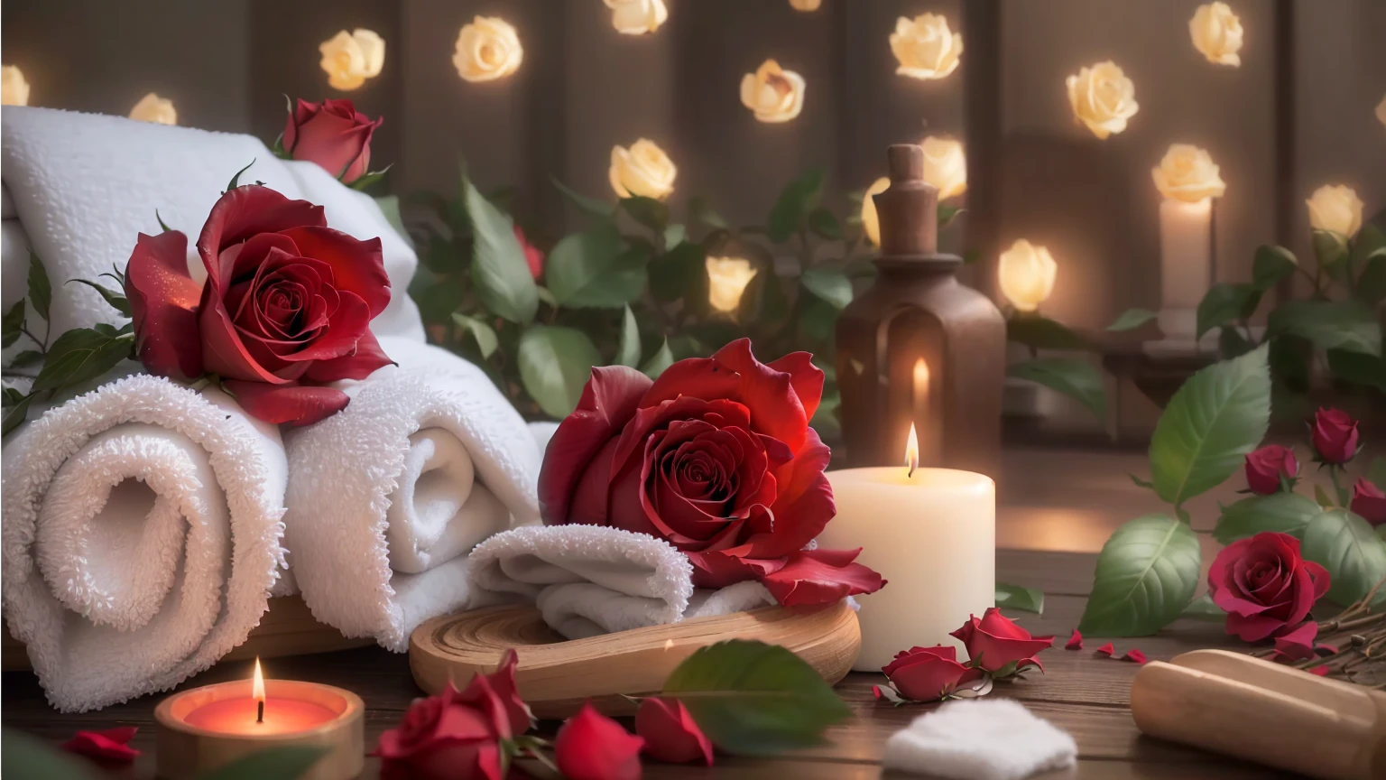 towel, Candles, There are roses on the table, Romantic atmosphere, Romantic Themed, Beautiful atmosphere, Romantic atmosphere, Beautiful atmosphere, Peaceful atmosphere, Romantic atmosphere, Night atmosphere, Dreamy and romantic, Unreal Engine ; Romantic Theme, Relaxed atmosphere, Sublime and cozy atmosphere, relaxed mood, Product Photos 4K, Paradise Garden Massage, Beautifully illuminated、8K