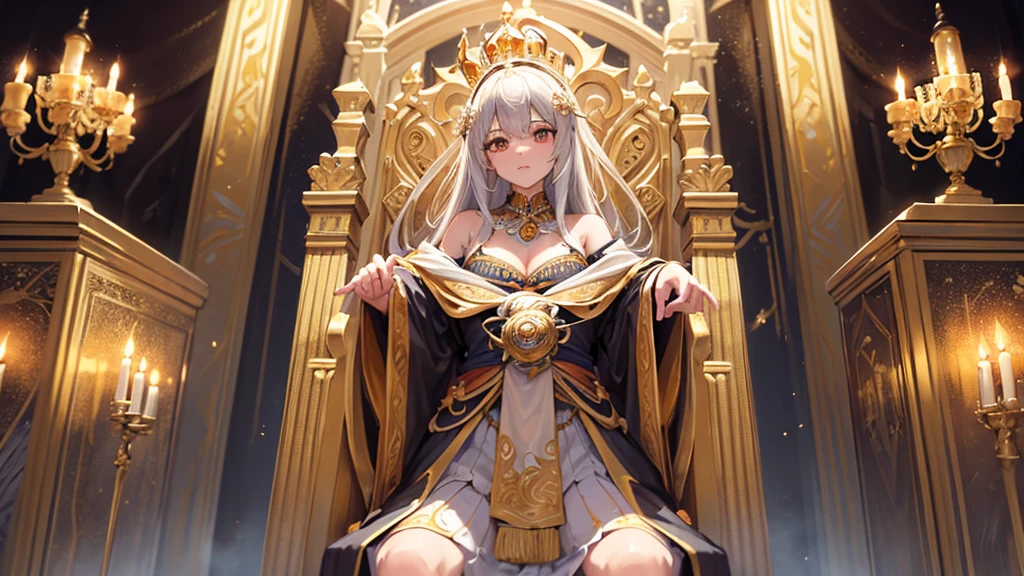 A detailed royal crown adorned with exquisite ornaments, situated in a vast and opulent throne room with towering marble pillars and wall paintings depicting the kingdom's history --v 5 --ar 16:9 --style raw