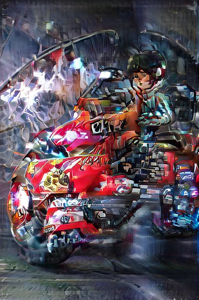 (masterpiece, best quality), female character sitting on a stationary motorcycle, cyberpunk style, leather jacket, Baggypants, short hair with vibrant highlights, confident expression, detailed futuristic motorcycle, neon accents, sleek design, high-tech elements.,