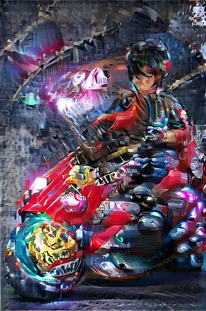 (masterpiece, best quality), female character sitting on a stationary motorcycle, cyberpunk style, leather jacket, Baggypants, short hair with vibrant highlights, confident expression, detailed futuristic motorcycle, neon accents, sleek design, high-tech elements., 