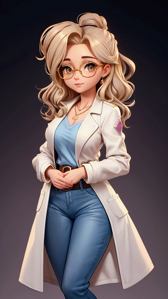 I created a character called Olivia, 2D style, a 30-year-old aromatherapist specializing in essential oils, white. golden blonde with wavy hair. side hairstyle, at shoulder height, Brown eyes , wears round brown glasses, she is gentle and delicate, wears a light blue shirt, blue jeans with a brown belt and a white long-sleeved doctor's coat. she has a golden wedding ring on her left ring finger and wears a necklace with a golden crucifix. make her look at the camera, com background branco.
