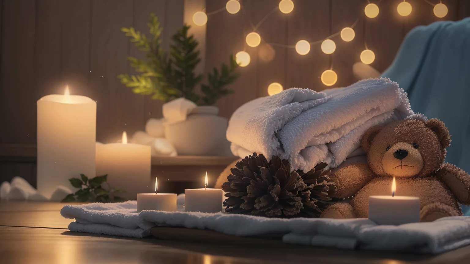 towel and candles are on a table with a teddy bear, Holiday season, towel, relax mood, Peaceful atmosphere, Cozy and serene atmosphere, Morning Glow, relax atmosphere, Pleasant atmosphere, relax, Soft glow, spa, Luxurious surroundings, Soft and warm light, Photorealistic cinematic rendering, relax environment, Beautiful atmosphere, Sublime and cozy atmosphere, Beautiful atmosphere、8K