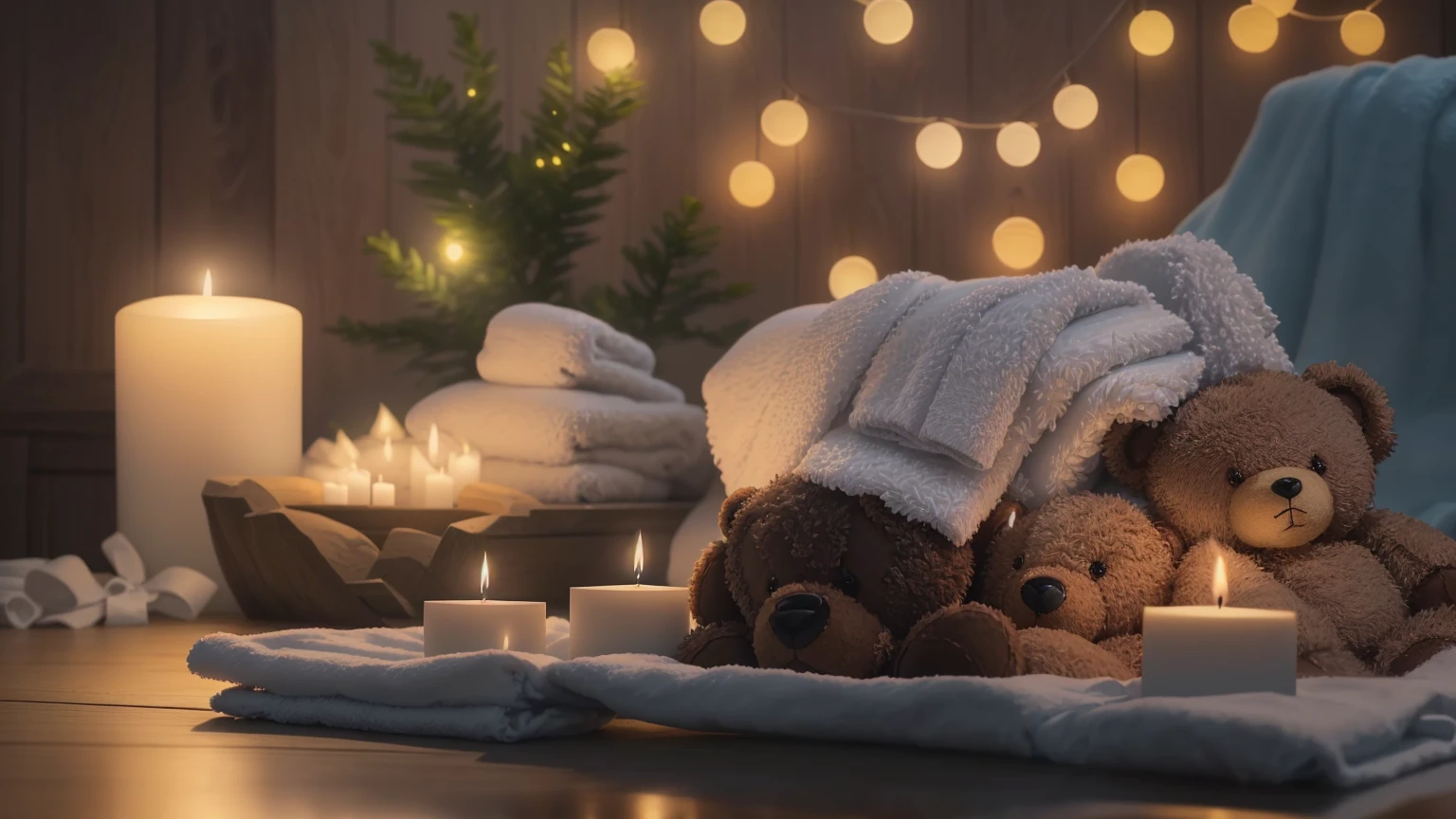 towel and candles are on a table with a teddy bear, Holiday season, towel, relax mood, Peaceful atmosphere, Cozy and serene atmosphere, Morning Glow, relax atmosphere, Pleasant atmosphere, relax, Soft glow, spa, Luxurious surroundings, Soft and warm light, Photorealistic cinematic rendering, relax environment, Beautiful atmosphere, Sublime and cozy atmosphere, Beautiful atmosphere、８K