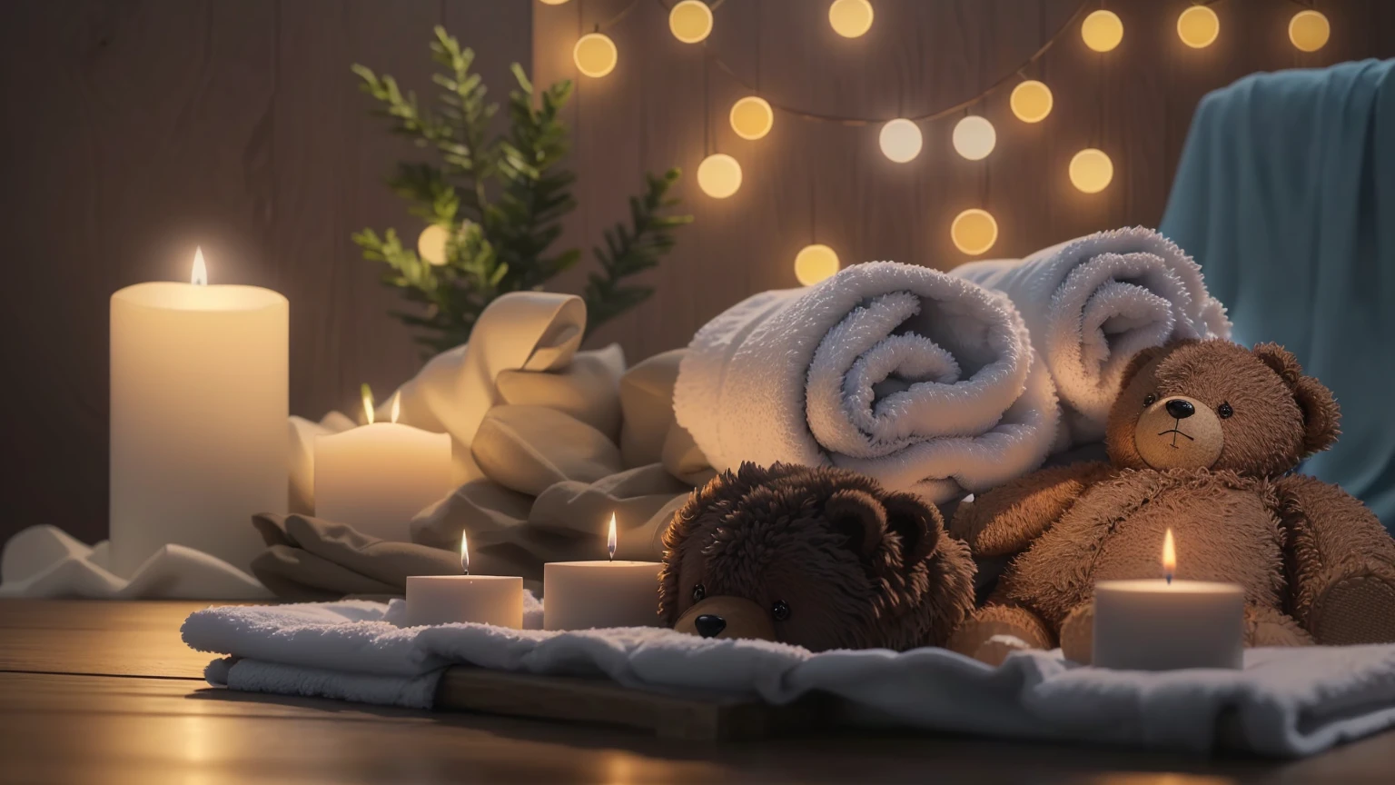 towel and candles are on a table with a teddy bear, Holiday season, towel, relax mood, Peaceful atmosphere, Cozy and serene atmosphere, Morning Glow, relax atmosphere, Pleasant atmosphere, relax, Soft glow, spa, Luxurious surroundings, Soft and warm light, Photorealistic cinematic rendering, relax environment, Beautiful atmosphere, Sublime and cozy atmosphere, Beautiful atmosphere、８K