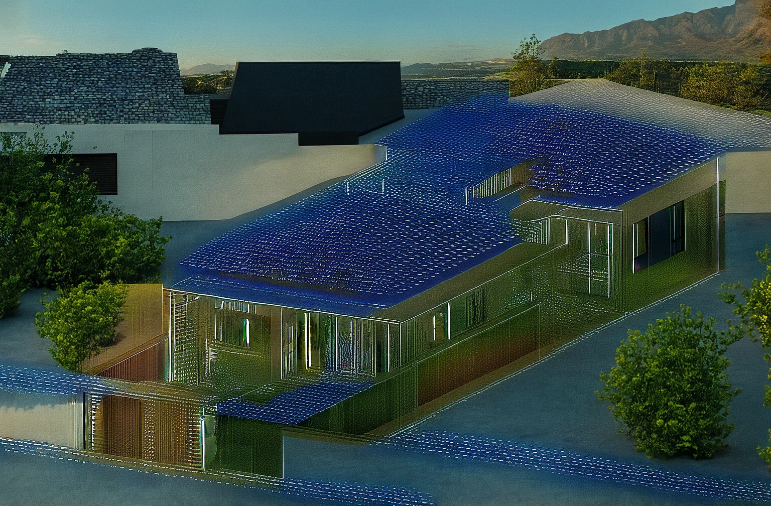 (masterpiece:1.2), best quality, photo of A two-story modern house with white walls and dark blue tiles on the roof., tree and plant, streetcapes, natural light, vivid color, The exterior of an elegant single family home features large windows, a dark gray door frame.