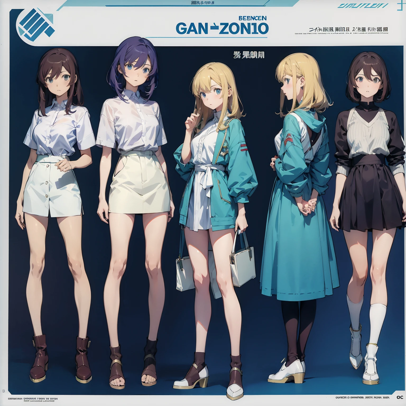 line-art, art book, 3girls, character sheet, gundam 00 reimagined, 8k, best quality, design sheets, equipment