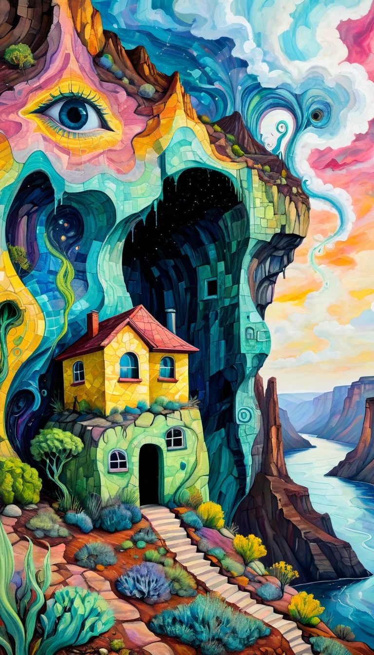 Holly Warburton Style,Concave and convex texture,Oil pastel strokes:Lonely house on the canyon, figure silhouette under the cliff,Eye,A cloud tentacle、Eye、diatom,Abstract mosaic painting,Describing the inner world of a depressed person,Strong sense of loneliness,Depressing atmosphere,Sense of space,Psychedelic Art,Low-key color matching