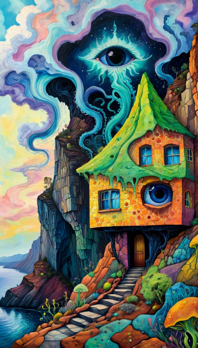 Holly Warburton Style,Concave and convex texture,Oil pastel strokes:Lonely house on the canyon, figure silhouette under the cliff,Eye,A cloud tentacle、Eye、diatom,Abstract mosaic painting,Describing the inner world of a depressed person,Strong sense of loneliness,Depressing atmosphere,Sense of space,Psychedelic Art,Low-key color matching