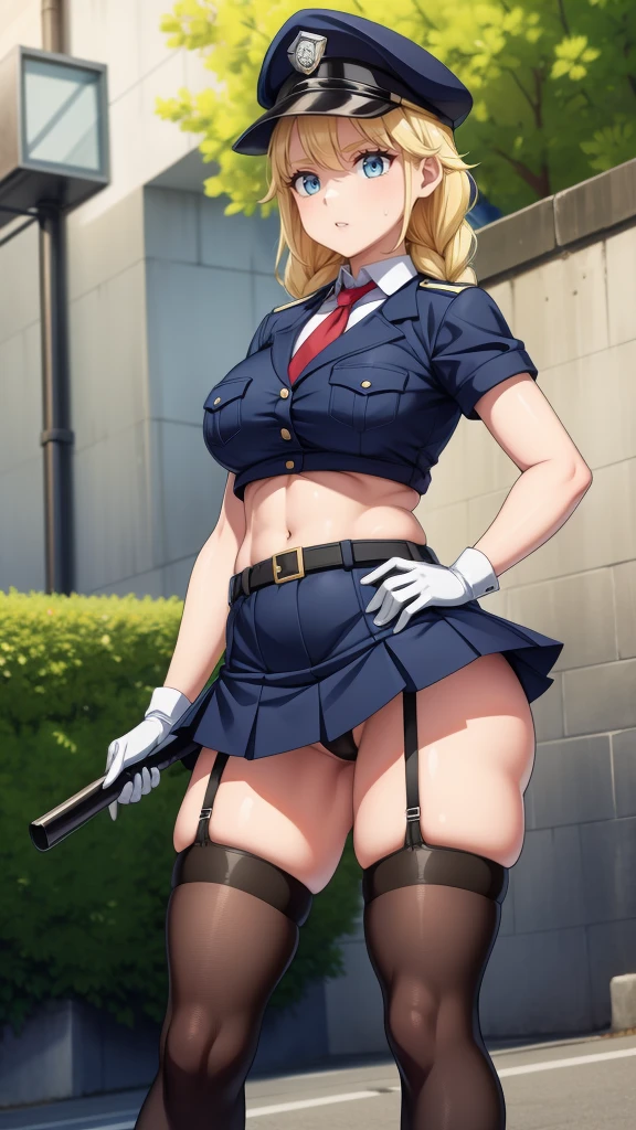 a cartoon character in a sexy outfit posing in the street with a bush, police, police uniform, 1girl, policewoman, shirt, skirt, hat, necktie, police hat, blue eyes, gloves, breasts, blonde hair, thighhighs, solo, navel, garter straps, looking at viewer, short sleeves, large breasts, underwear, miniskirt, midriff, ass visible through thighs, panties, outdoors, skindentation, braid, hand on hip, belt, black skirt, uniform, collared shirt, frown, thighs, peaked cap, crop top, black panties, blue shirt, breast pocket, v-shaped eyebrows,Eiko Tsukimi, blue eyes, braid, twin braid,blonde hair,baseball cap