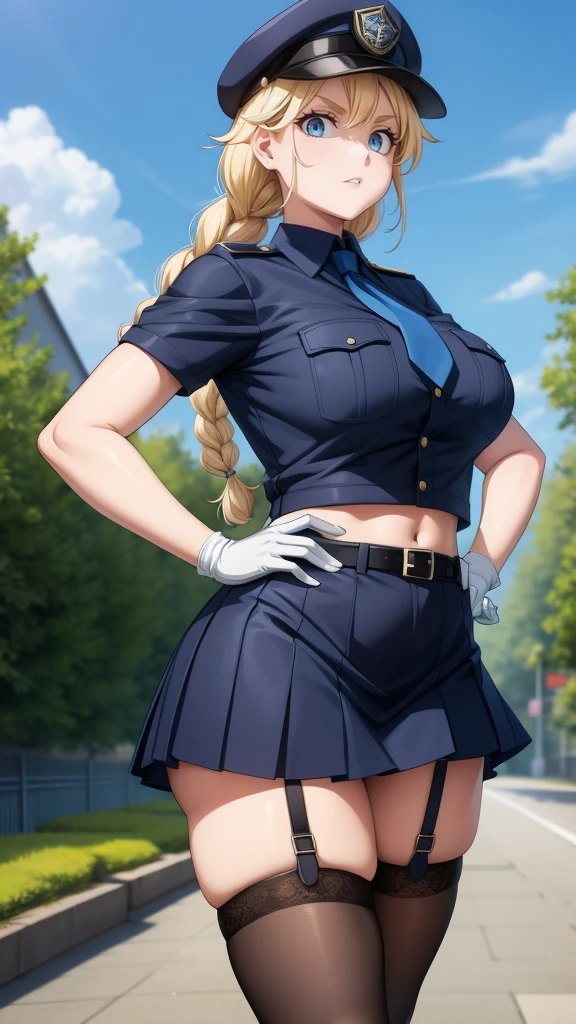 a cartoon character in a sexy outfit posing in the street with a bush, police, police uniform, 1girl, policewoman, shirt, skirt, hat, necktie, police hat, blue eyes, gloves, breasts, blonde hair, thighhighs, solo, navel, garter straps, looking at viewer, short sleeves, large breasts, underwear, miniskirt, midriff, ass visible through thighs, panties, outdoors, skindentation, braid, hand on hip, belt, black skirt, uniform, collared shirt, frown, thighs, peaked cap, crop top, black panties, blue shirt, breast pocket, v-shaped eyebrows,Eiko Tsukimi, blue eyes, braid, twin braid,blonde hair,baseball cap