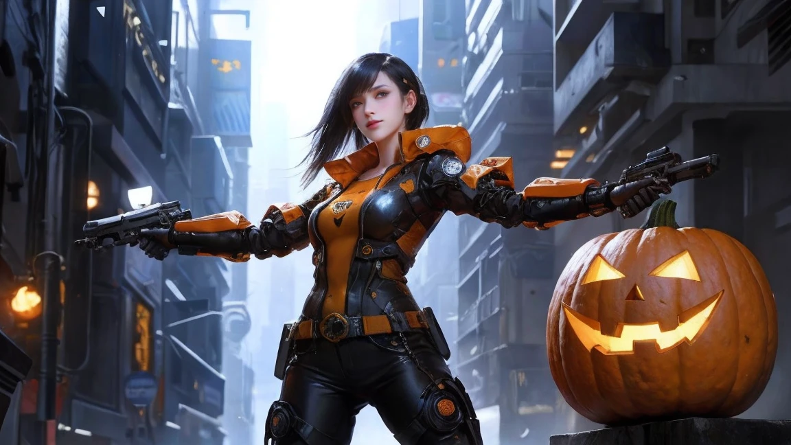 1girl, solo, realistic, cyberpunk, cyborg, halloween,  jack-o'-lantern, mechanical arms, orange jacket, Without pants，pumpkin, science fiction, simple background, gloves, standing, urban techwear, outfit，