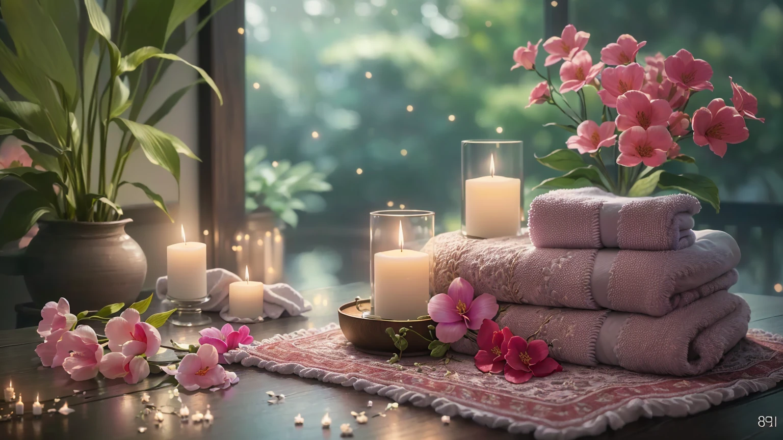There are flowers and candles on the table、Candles and towels are placed, Relaxing environment, Relaxed atmosphere, relaxed mood, Romantic atmosphere, Peaceful atmosphere, Romantic atmosphere, Beautiful atmosphere, Cozy and serene atmosphere, Beautiful atmosphere, Cozy home background, Luxurious surroundings, Highly detailed scenes, Photorealistic cinematic rendering, Ultra-realistic detailed rendering, Highly detailed soft lighting、8K