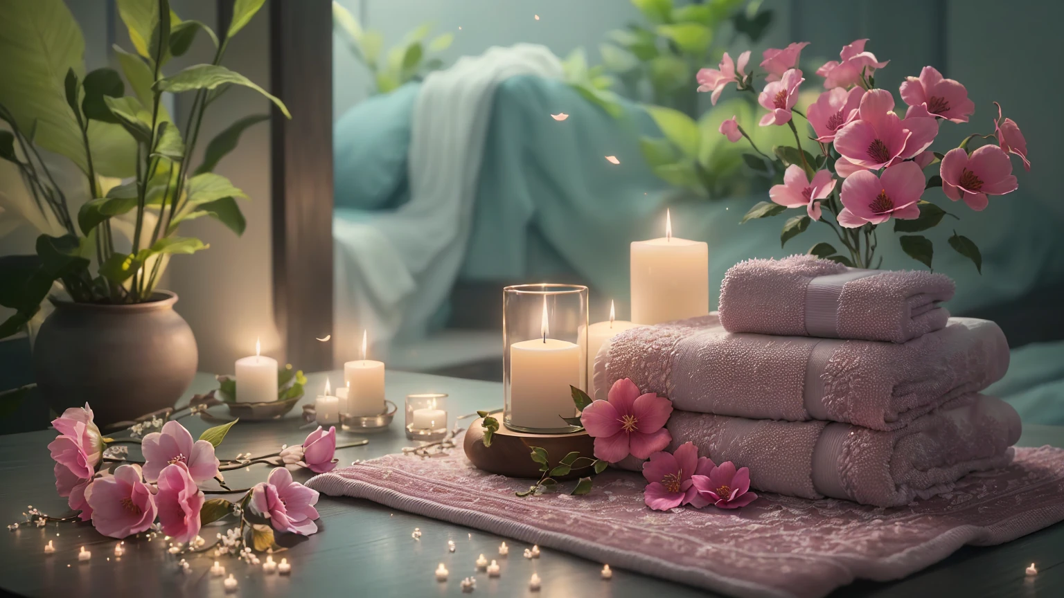 There are flowers and candles on the table、Candles and towels are placed, Relaxing environment, Relaxed atmosphere, relaxed mood, Romantic atmosphere, Peaceful atmosphere, Romantic atmosphere, Beautiful atmosphere, Cozy and serene atmosphere, Beautiful atmosphere, Cozy home background, Luxurious surroundings, Highly detailed scenes, Photorealistic cinematic rendering, Ultra-realistic detailed rendering, Highly detailed soft lighting、８K
