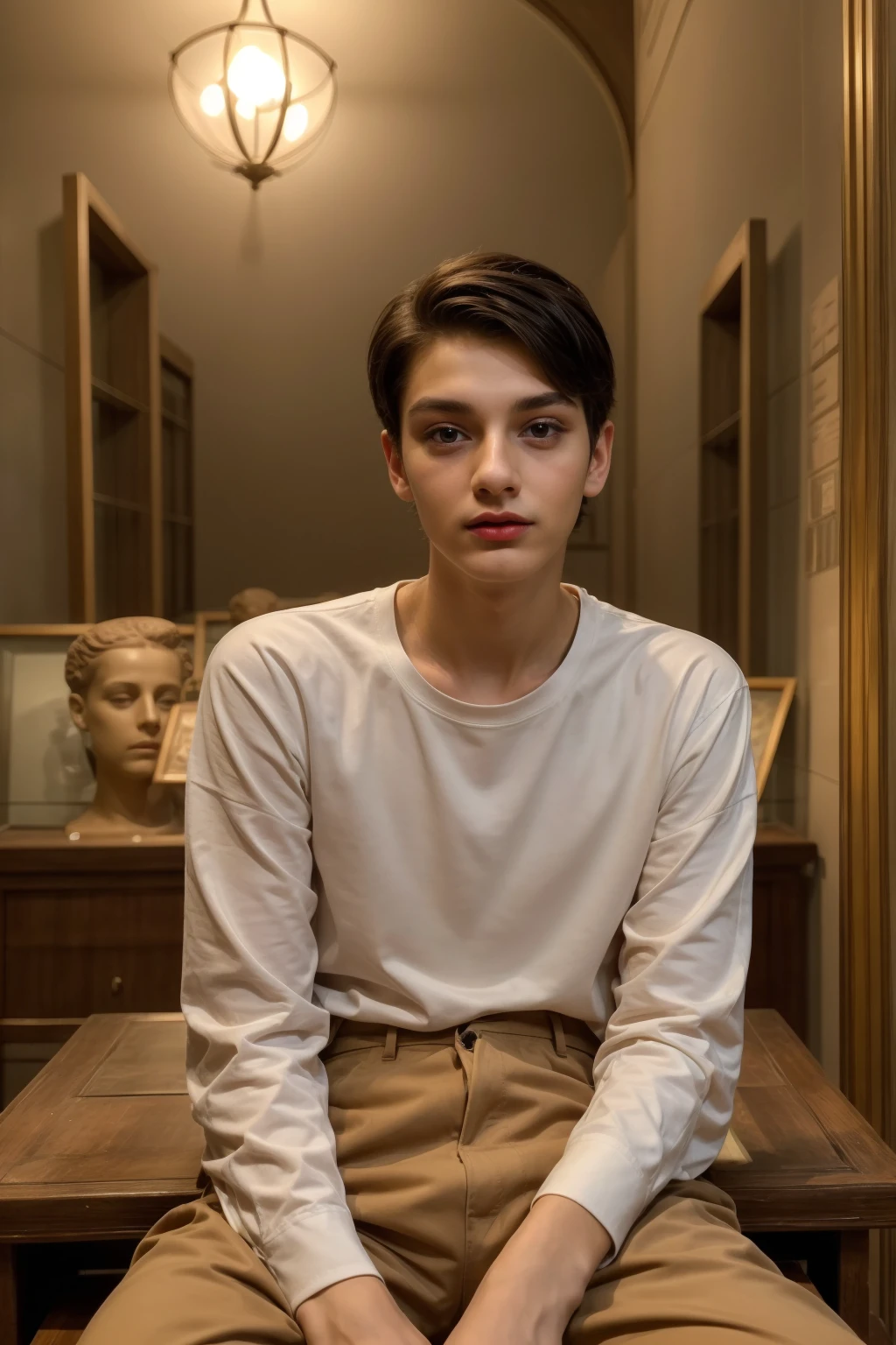 A cute, beautiful male twink with black hair and a face with makeup. He is wearing a white long-sleeved shirt and brown pants. He is in the Museum of Historical Antiquities. He looks in amazement and shock as he sits on a chair with red lips.