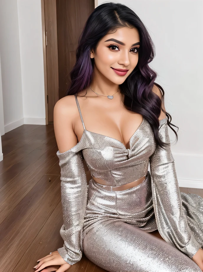 Generate an image of Marina, a 25-year-old modern Indian influencer, in a realistic indoor setting. She is wearing a sparkling, form-fitting silver dress with thin straps that accentuates an increased bust size. Marina's hair is long, straight, and styled to fall over her shoulders, with a deep, reddish-purple hue that’s bold yet sophisticated. Her makeup is natural yet glamorous, highlighting her fresh and glowing skin. Marina is sitting on the floor with a playful and cute white puppy, smiling warmly at the camera. The background is a minimalistic and clean indoor environment with wooden flooring, creating a cozy and inviting atmosphere. The overall look is elegant, stylish, and perfect for her daily life and fashion influencer persona."
