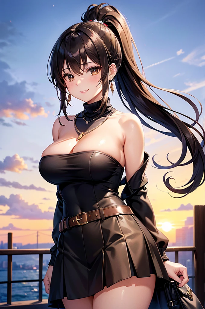 masterpiece, high resolution:1.4), best quality, illustration, ultra-detailed, finely detail, highres, perfect dynamic composition, beautiful detailed brown eyes, shiny necklace and earrings, sexy dynamic body, beautiful brown long hair, 26 years old, (highest quality,4k,8K,High resolution,masterpiece:1.2), Super detailed, abdomen, Smiling with a little excitement, , thighs, cowboy shot, big breasts, black Sleeveless turtleneck, black long skirt, ponytail, bobbin lace ruffle mini skirt,Sexy face, a belt,bags, a necklace,piercings,Big Baggy Bobbin Lace V-Neck Off-Shoulder Sweater,Use the sunset as illumination,Cinematic Light