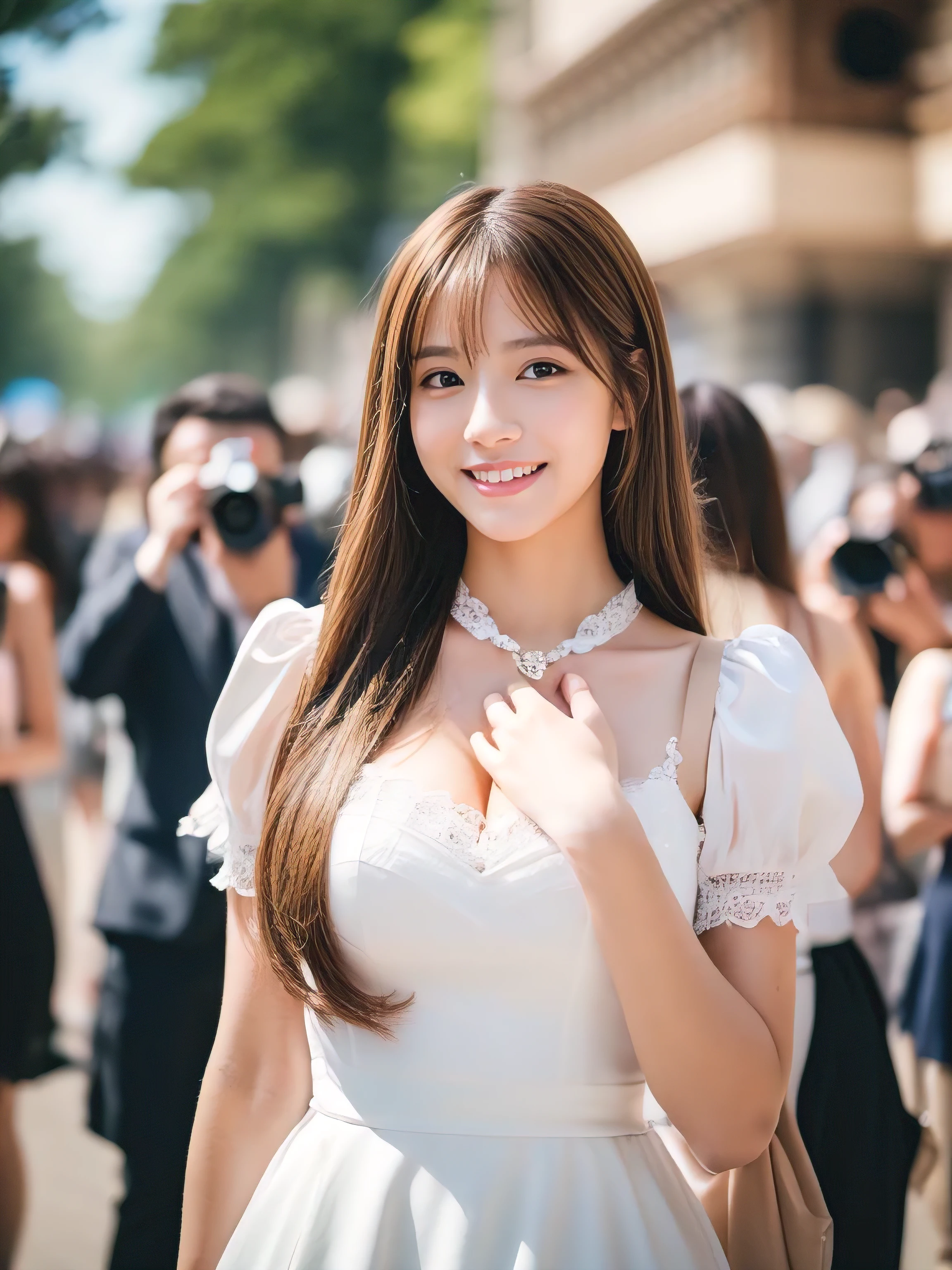 ((Highest quality, 8K, masterpiece: 1.3)), 1 Girl, smile, whole body, Slim face, Beautiful woman, ((Extra long brown hair:1.2))、wearing so pretty maid outfit、High heels, Highly detailed face, Fine grain, double eyelid, Blurred Background, Slim face, full figure supermodel standing, entire body in frame、At the cosplay event venue、Larger breasts、Place your left hand gently on your chin,right hand holding her breast,Lots of photographers around、Surrounded by a crowd of photographers