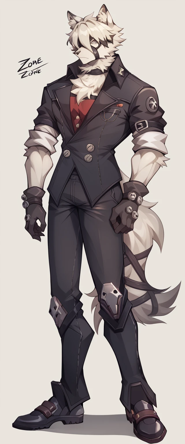 From_Lycaon_(priceless_Zone_Zero), fluffy, male, male chest, thin waist, hips, standing, black jacket, black trousers, механические бFromинки, золFromые часы в кармане, gloves, золFromые пуговицы, muscular body, full length, 