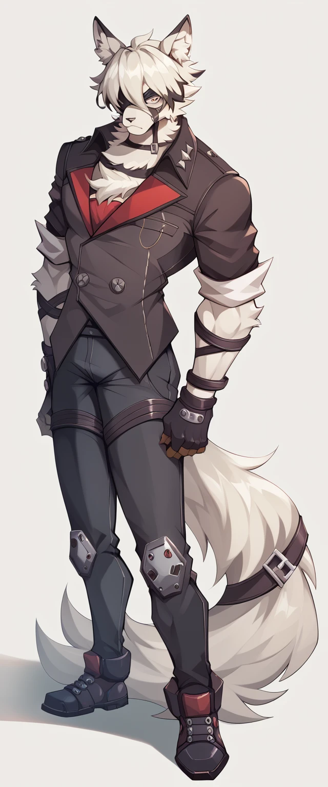 From_Lycaon_(priceless_Zone_Zero), fluffy, male, male chest, thin waist, hips, standing, black jacket, black trousers, механические бFromинки, золFromые часы в кармане, gloves, золFromые пуговицы, muscular body, full length, 